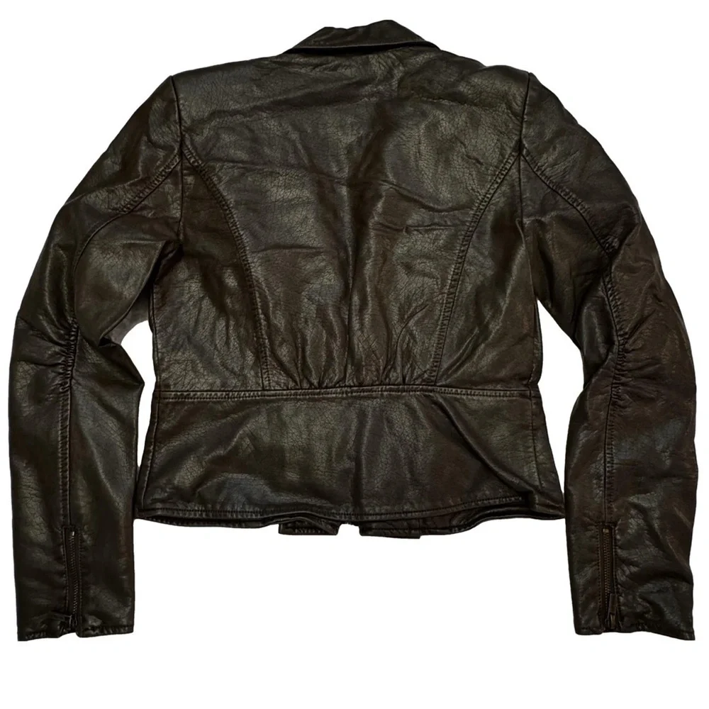 DASH by Kardashian Women's Brown Faux Leather Jacket Size XXS Peplum Pockets NEW - Picture 3 of 15